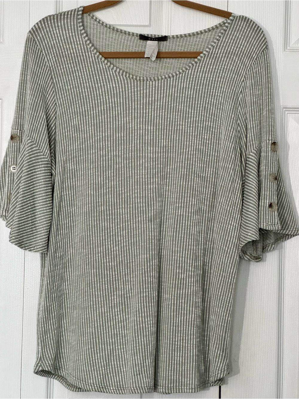 Light Sage and White Striped Bell-Sleeve Women’s Top